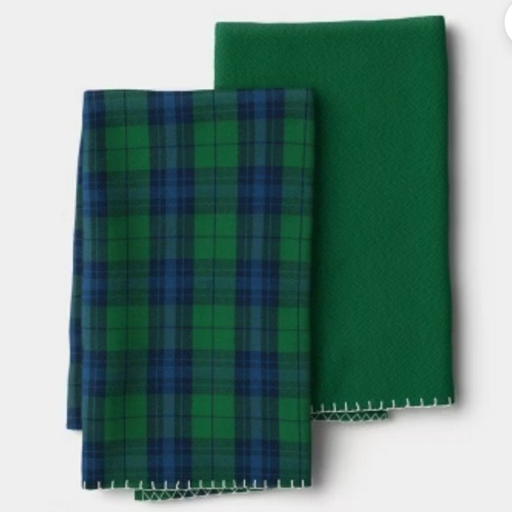 Threshold Set Of 2 Solid Green And Blue And Green Plaid Kitchen Towels